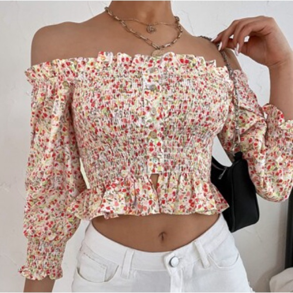 Zara NWT Floral Off-Shoulder Smocked Blouse